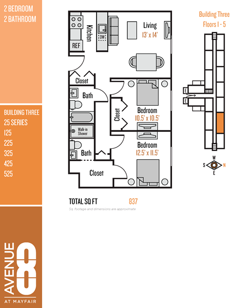 Floor plan for 2 beds, 2 baths, 837 sqft